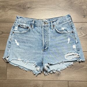 Agolde Jaden High Rise Button Fly Fray Hem Blue Jean Shorts Size 28